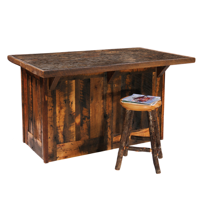 Back view of the Mount Irving Hale Reclaimed Barnwood Kitchen Island with a stool