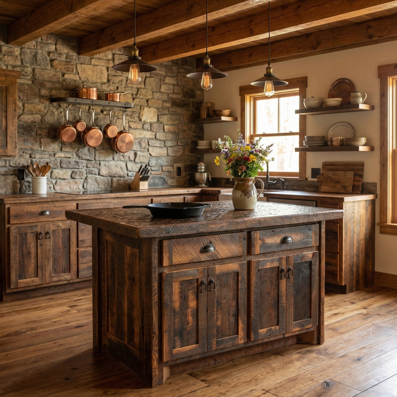 Mount Irving Hale Reclaimed Barnwood Kitchen Island with the laminate top in a rustic kitchen