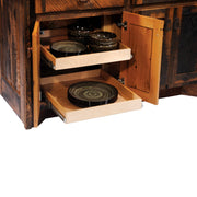 Mount Irving Hale Reclaimed Barnwood Kitchen Island with a door open showing pull-out shelves
