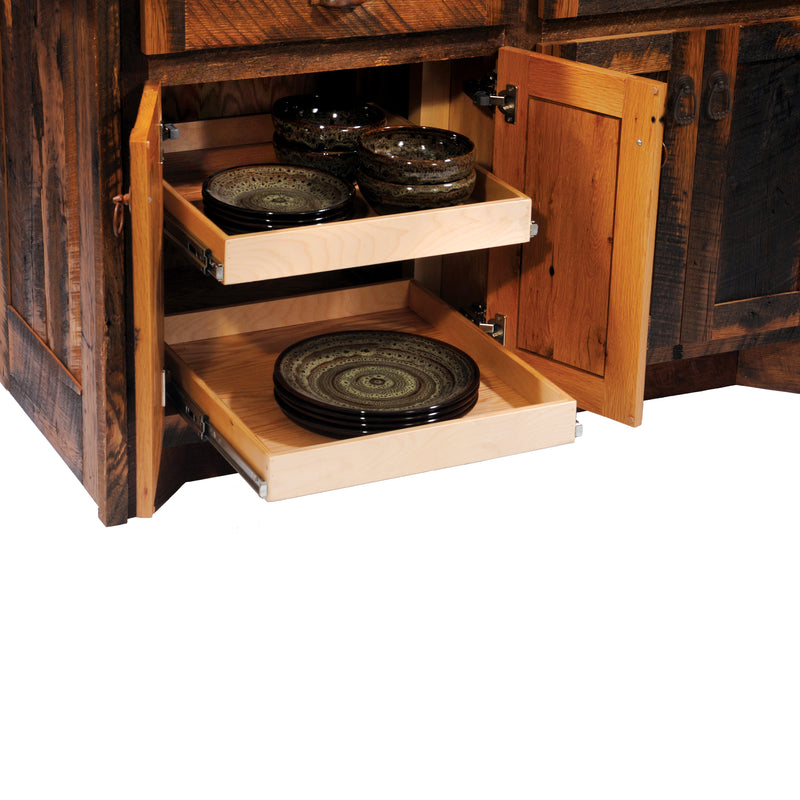 Mount Irving Hale Reclaimed Barnwood Kitchen Island with a door open showing pull-out shelves