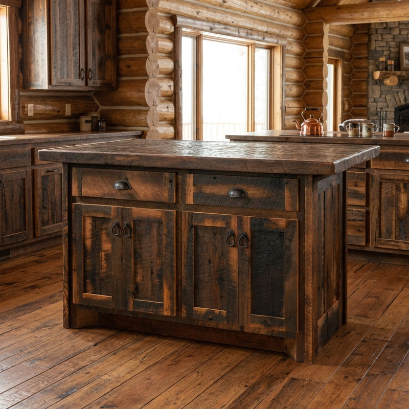 Mount Irving Hale Reclaimed Barnwood Kitchen Island staged in a sunlit log cabin kitchen