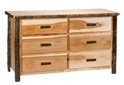 Angled view of the Mount Jackson Hickory Log Dresser in Natural showing six drawers and hickory log posts