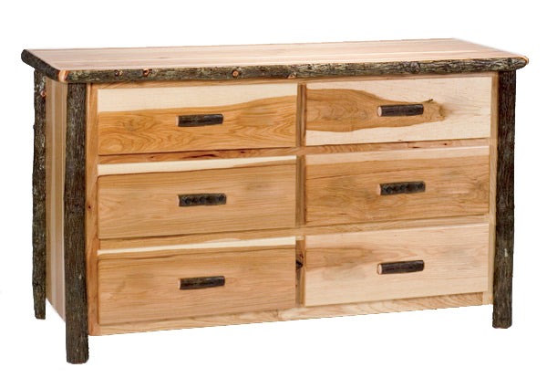 Angled view of the Mount Jackson Hickory Log Dresser in Natural showing six drawers and hickory log posts