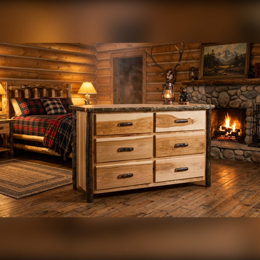 Mount Jackson Hickory Log Dresser with a lantern on top near a stone fireplace in a mountain lodge bedroom