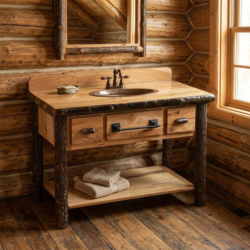Mount Judge Hickory Log Two Drawer Vanity with Slab Top staged in a sunlit log cabin bathroom