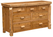 Angled view of the Mount Julian Cedar Log Seven Drawer Dresser showing seven drawers with cedar log pulls