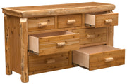 Angled view of the Mount Julian Cedar Log Seven Drawer Dresser with drawers open to show the dovetailed cedar drawer boxes