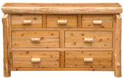 Front view of the Mount Julian Cedar Log Seven Drawer Dresser with three top drawers over four wide drawers