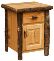 Angled view of the Mount Lady Washington Hickory Log Enclosed End Table in Natural showing the drawer and cabinet door