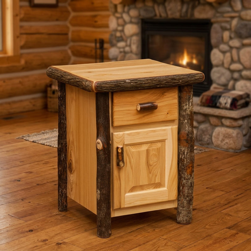 Mount Lady Washington Hickory Log Enclosed End Table in a log cabin living room with a stone fireplace