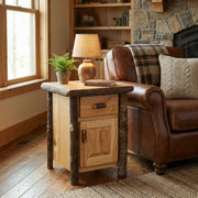 Mount Lady Washington Hickory Log Enclosed End Table in Natural beside a sofa with a table lamp