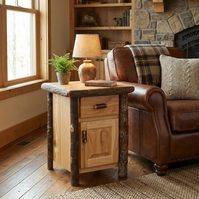 Mount Lady Washington Hickory Log Enclosed End Table in Natural beside a sofa with a table lamp