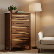 Mount Lamborn Live Edge Walnut Five Drawer Chest beside a floor lamp in a bright room