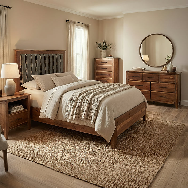Mount Lamborn Live Edge Walnut Five Drawer Chest shown with the matching walnut bed and dresser