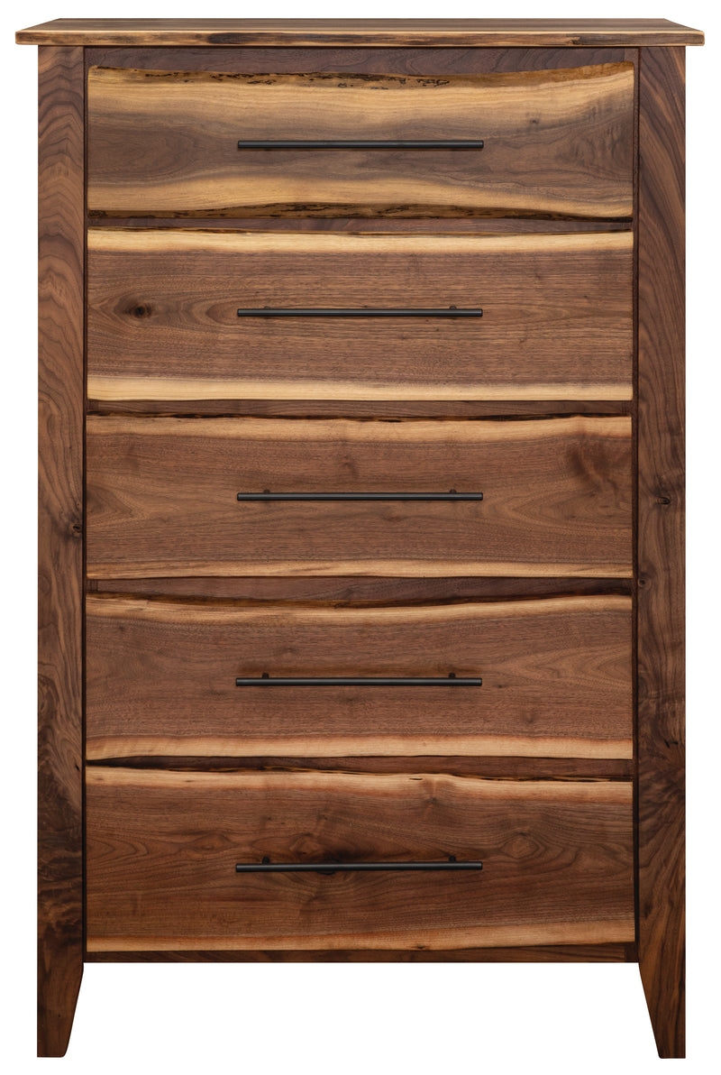 Front view of the Mount Lamborn Live Edge Walnut Five Drawer Chest