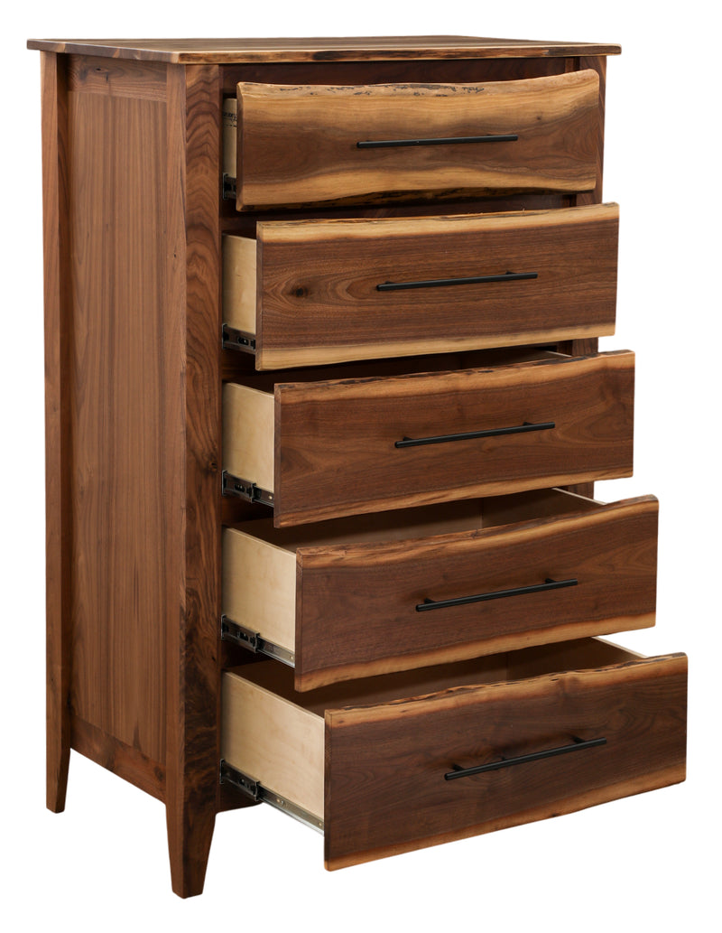Mount Lamborn Live Edge Walnut Five Drawer Chest with drawers open