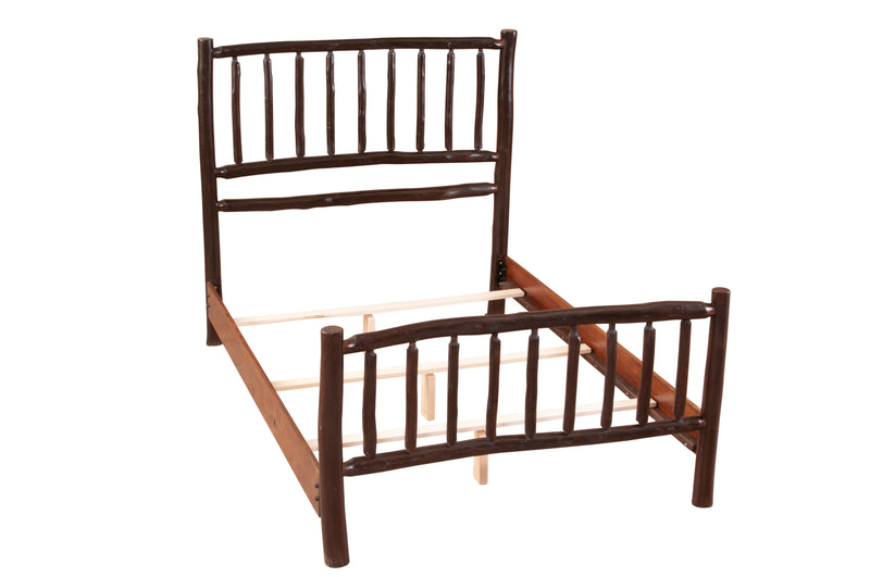 Angled frame view of the Mount Lincoln Hickory Log Bed without mattress showing hardwood side rails and slats