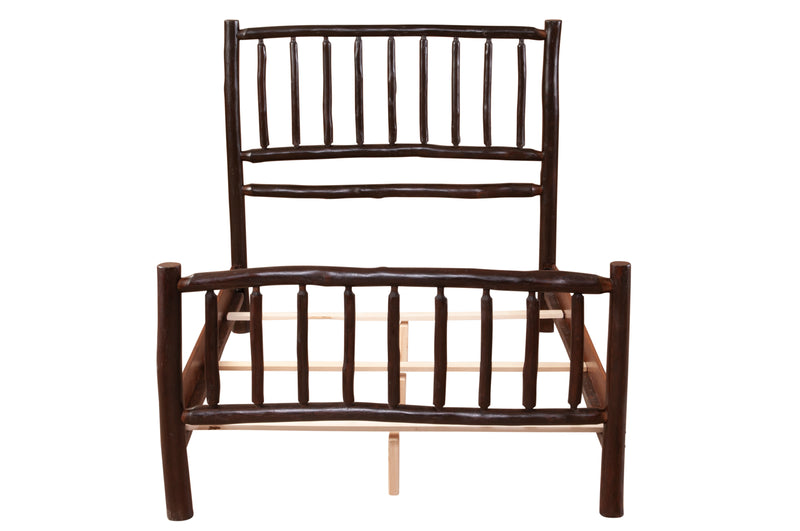 Straight-on frame view of the Mount Lincoln Hickory Log Bed headboard, footboard, and side rails without mattress