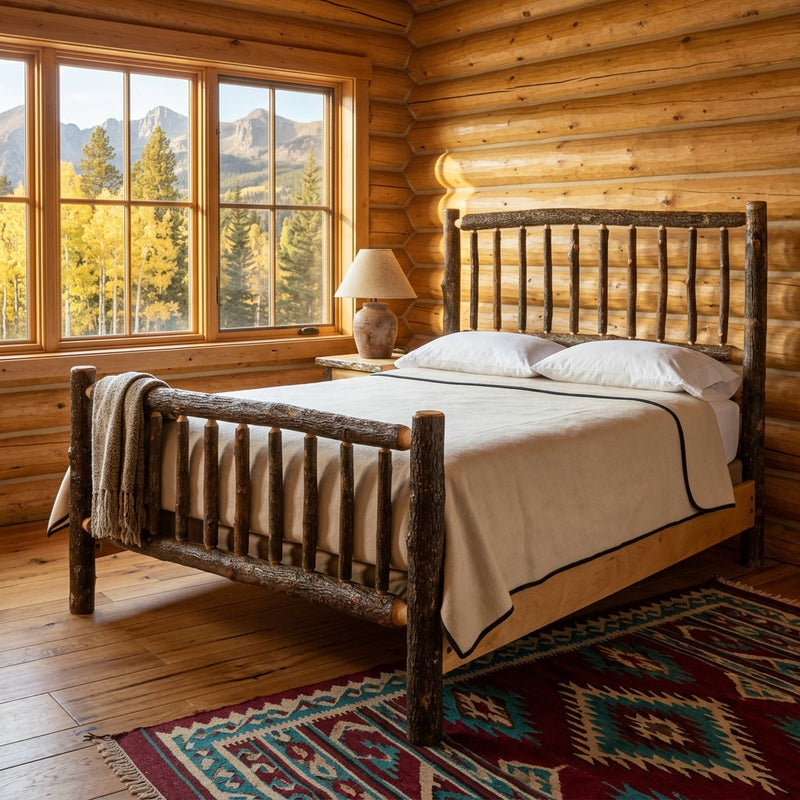Mount Lincoln Hickory Log Bed staged in a pine log cabin bedroom with aspen and mountain views and a Navajo-style rug