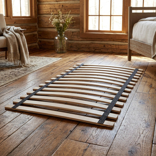Mount Lindsey Aspen Bed Slat Roll unrolled on a wide plank floor in a rustic log cabin room