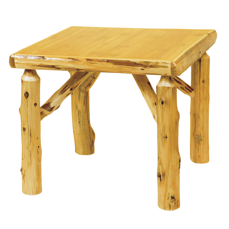 Angled view of the Mount Machebeuf Cedar Log Square Dining Table showing the square top and log base