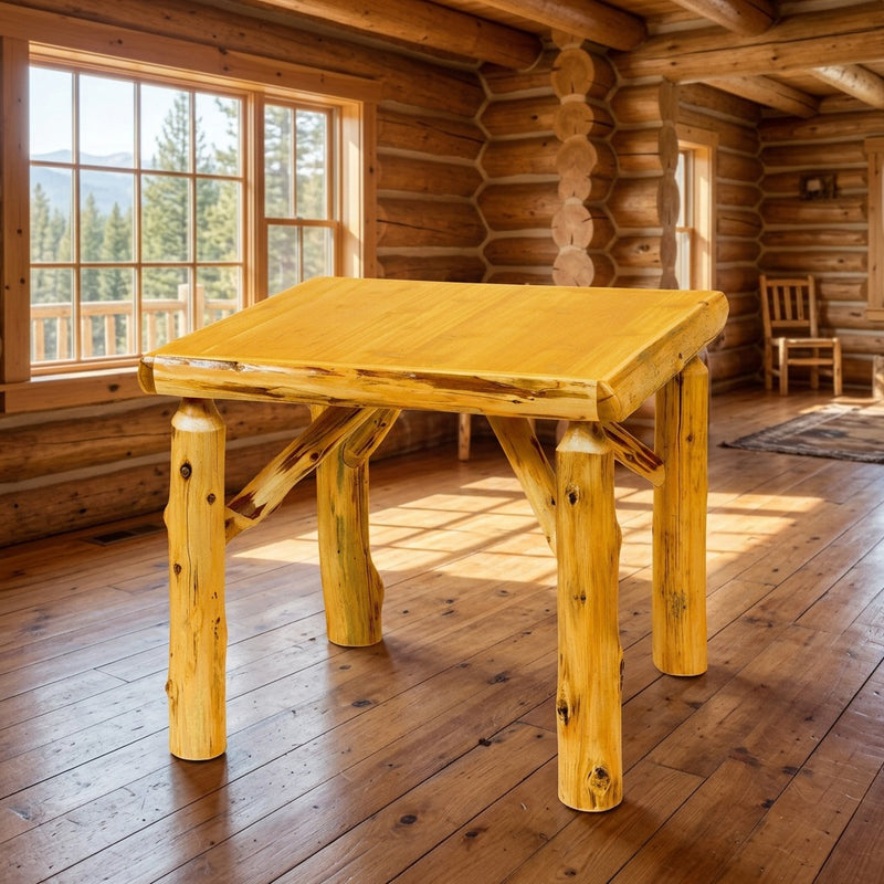 Mount Machebeuf Cedar Log Square Dining Table staged in a sunlit log cabin dining room