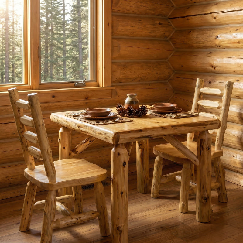 Mount Machebeuf Cedar Log Square Dining Table with chairs in a sunny cabin room