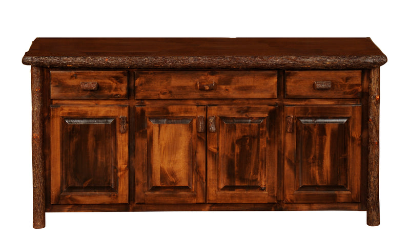 Angled front view of the Mount Mahler Hickory Log Buffet in Espresso showing the cabinets and drawers