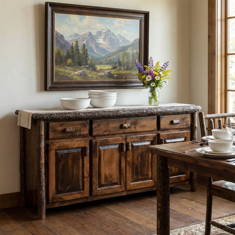 Mount Mahler Hickory Log Buffet in Espresso in a lodge dining room