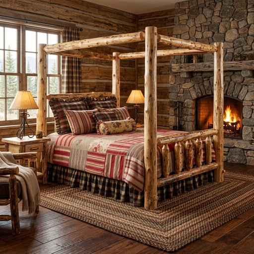 Mount Massive Cedar Log Canopy Bed staged in a rustic log cabin bedroom with a stone fireplace and braided rug