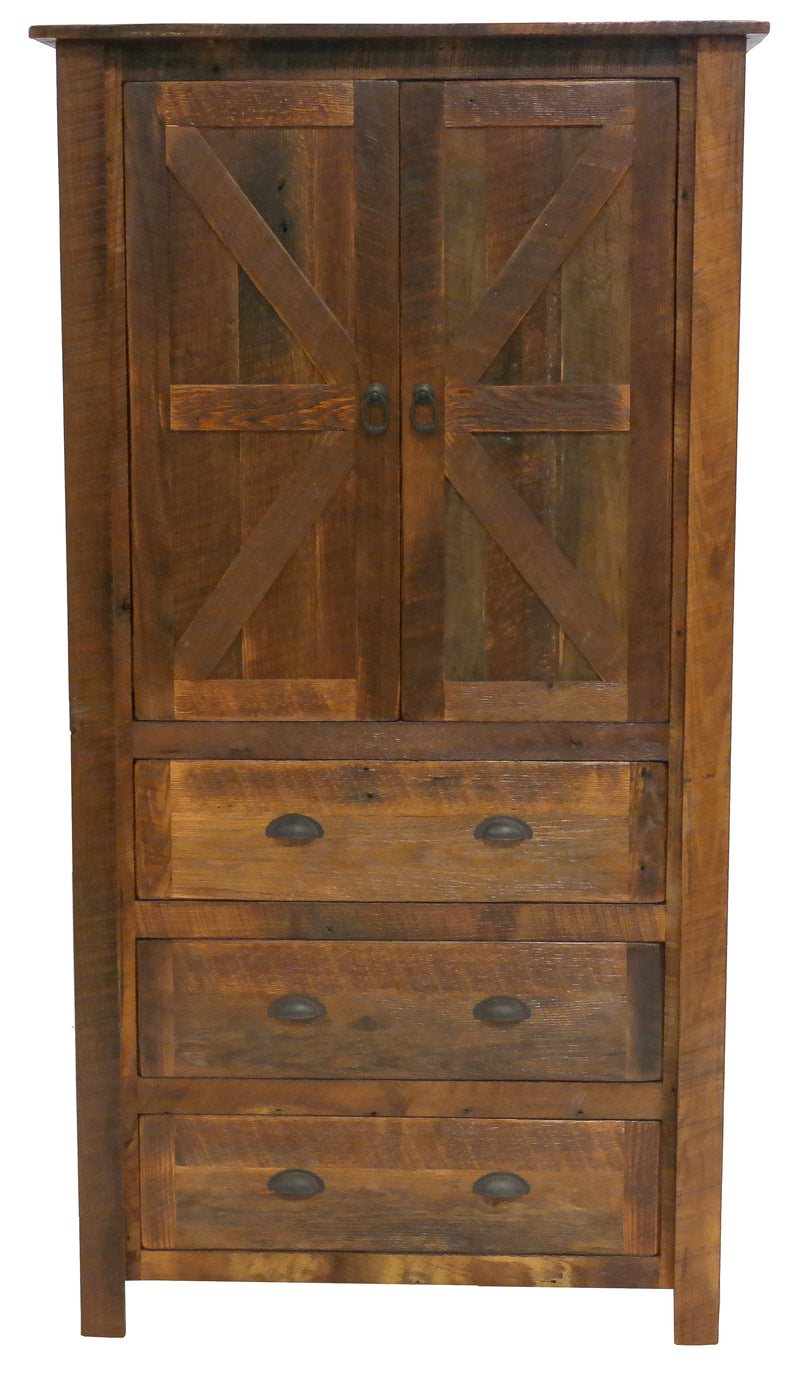 Front view of the Mount Meeker Reclaimed Barnwood Armoire with reclaimed oak barn-door panels