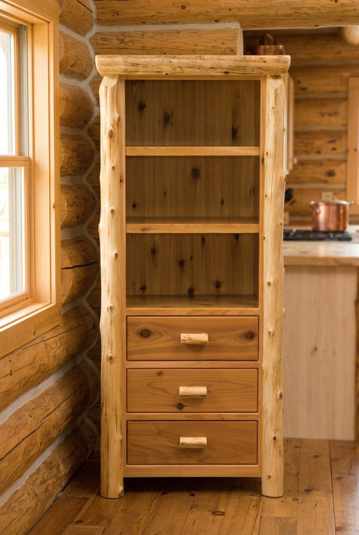 Mount Morrison Cedar Log Open Pantry staged in a sunlit log cabin kitchen