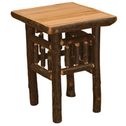 Angled view of the Mount Neva Hickory Log Open End Table in Natural showing the hickory top and twig base