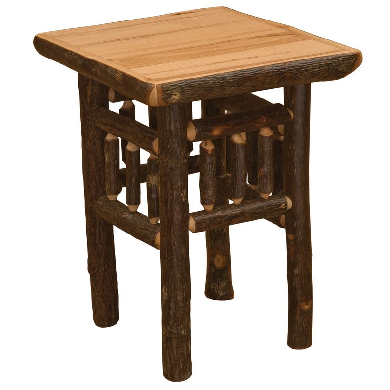 Angled view of the Mount Neva Hickory Log Open End Table in Natural showing the hickory top and twig base