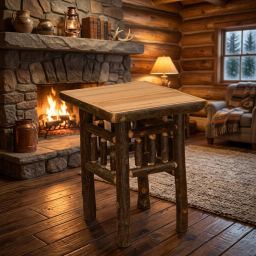 Mount Neva hickory log open end table staged by a stone fireplace in a log cabin living room