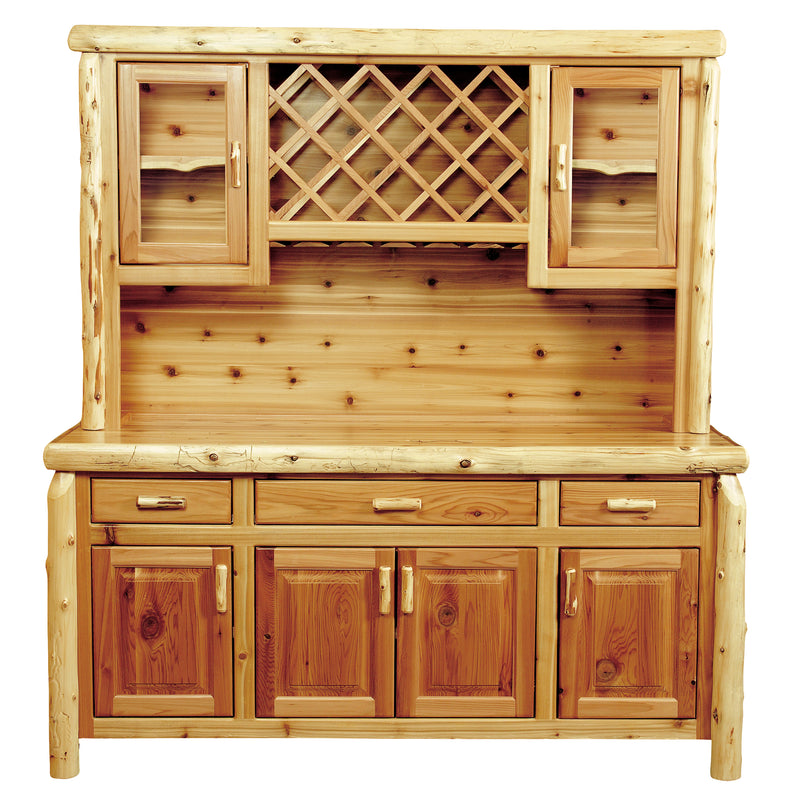 Angled view of the Mount Nimbus Cedar Log Buffet and Hutch with Wine Rack