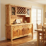 Mount Nimbus Cedar Log Buffet and Hutch with Wine Rack in a rustic cabin dining room