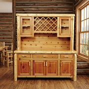 Mount Nimbus Cedar Log Buffet and Hutch with Wine Rack staged in a sunlit log cabin dining room