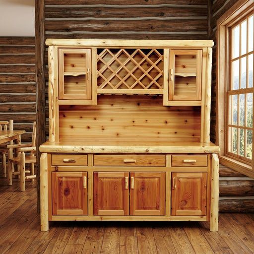 Mount Nimbus Cedar Log Buffet and Hutch with Wine Rack staged in a sunlit log cabin dining room
