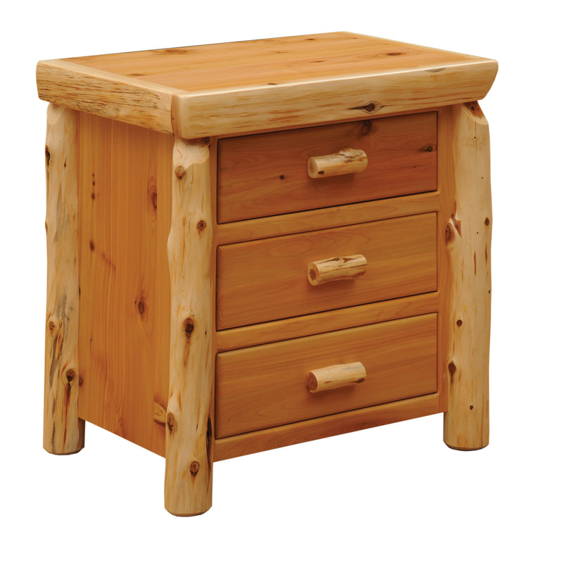 Angled view of the Mount Nystrom Cedar Log Three Drawer Bedside Chest showing three full-width drawers and cedar log posts