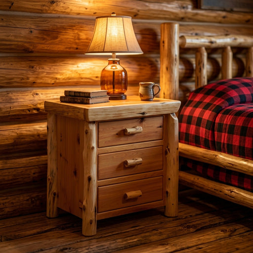 Mount Nystrom Cedar Log Three Drawer Bedside Chest with a lamp and books beside a log bed in a cabin bedroom