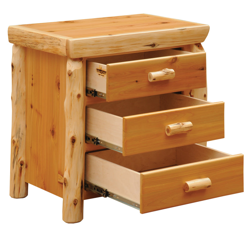Angled view of the Mount Nystrom Cedar Log Three Drawer Bedside Chest with all three drawers open