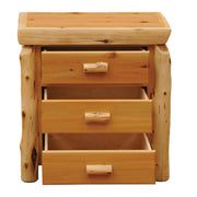 Front view of the Mount Nystrom Cedar Log Three Drawer Bedside Chest with drawers pulled out