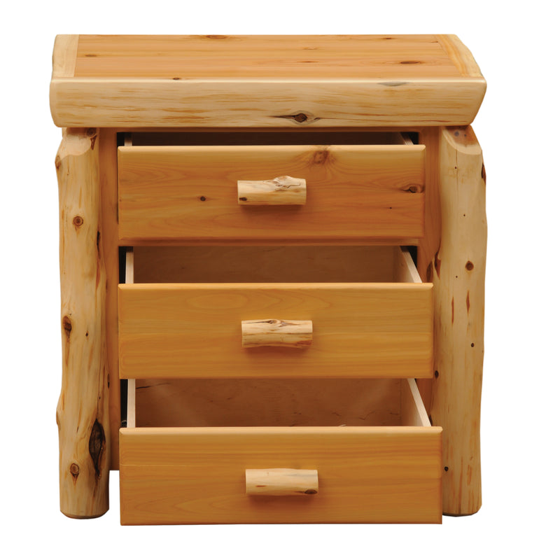 Front view of the Mount Nystrom Cedar Log Three Drawer Bedside Chest with drawers pulled out