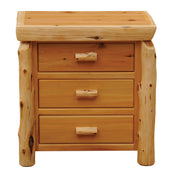 Front view of the Mount Nystrom Cedar Log Three Drawer Bedside Chest with cedar log drawer pulls