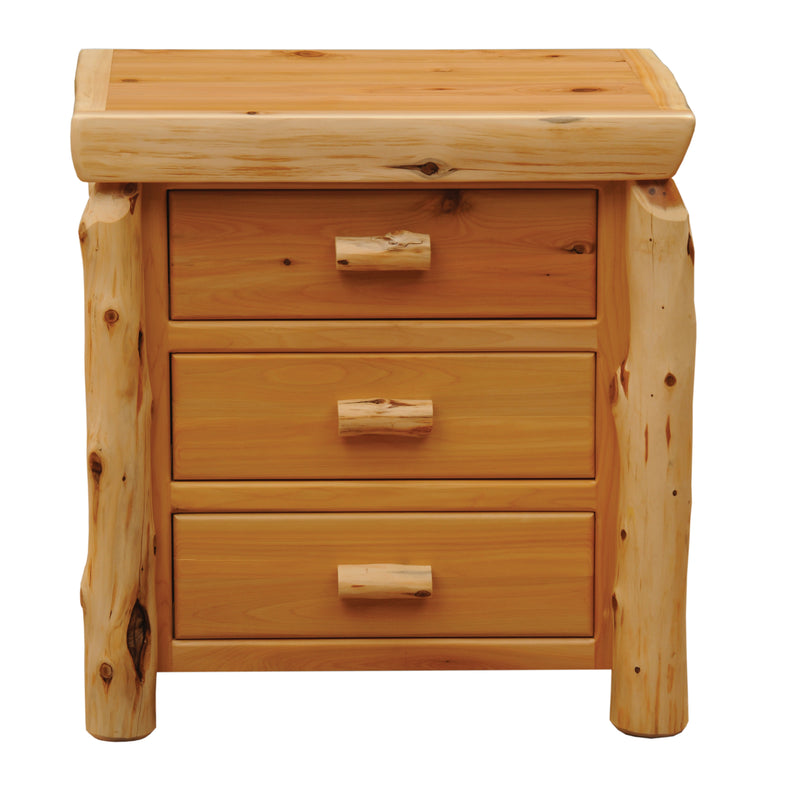 Front view of the Mount Nystrom Cedar Log Three Drawer Bedside Chest with cedar log drawer pulls