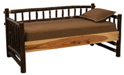 Angled view of the Mount of the Holy Cross Hickory Daybed without trundle showing hickory spindles and natural hardwood rail