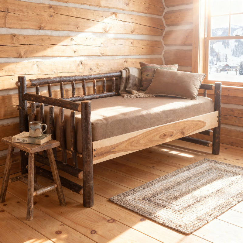 Mount of the Holy Cross Hickory Daybed with slate side rails in a pine-walled cabin room with a log side table and braided rug