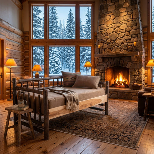 Mount of the Holy Cross Hickory Daybed in a mountain lodge great room with a stone fireplace and snowy forest windows