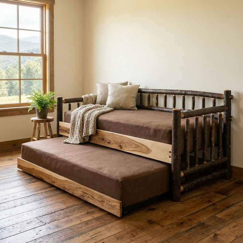 Mount of the Holy Cross Hickory Daybed with roll-out trundle in a bright bedroom with a wood floor and window view